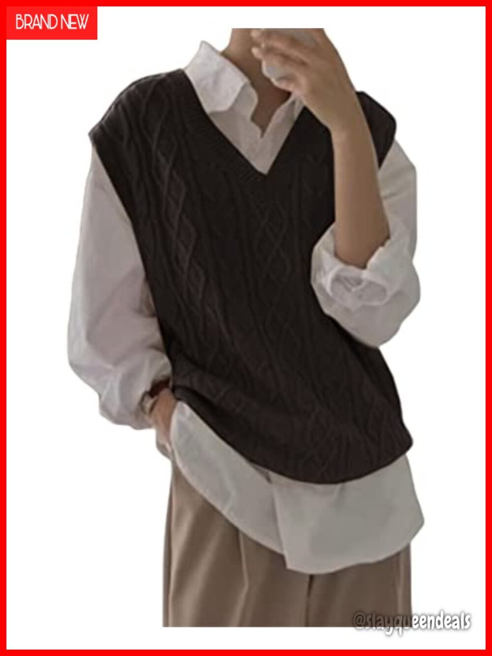Oversized V-Neck Sleeveless Cable Knit Sweater Vest Loose Fit Tank Top